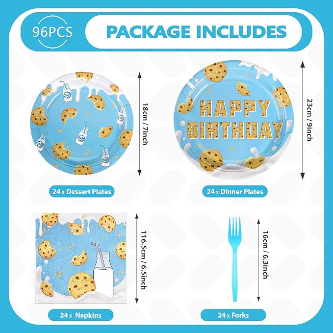 Grencian 96Pcs Milk and Cookies Party Supplies Chocolate Chip Cookies Plates and Napkins Sets Sweet One Birthday Decorations for Boys Baby Shower Milk and Cookies 1st Birthday Party Favor Serves 24