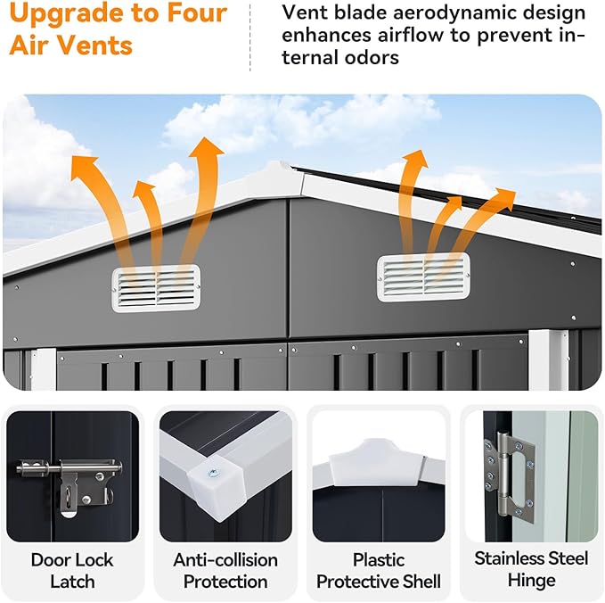 10x12FT Outdoor Storage Shed, Metal Garden Shed with Lockable Double Doors & Sloping Roof, Weather-Resistant Tool Shed for Backyard, Patio, Poolside Black