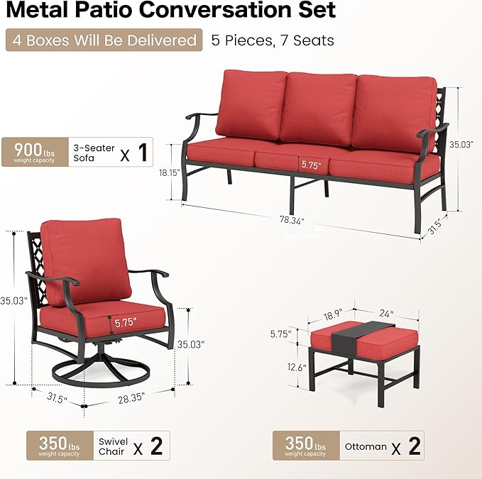 5 Piece Metal Outdoor Patio Furniture Sets, Patio Conversation Sets 1 3-seater Sofa, 2 Swivel Chairs, 2 Ottomans with 5.75" Thick Cushion, Black All-weather Backyard Furniture Set, Red