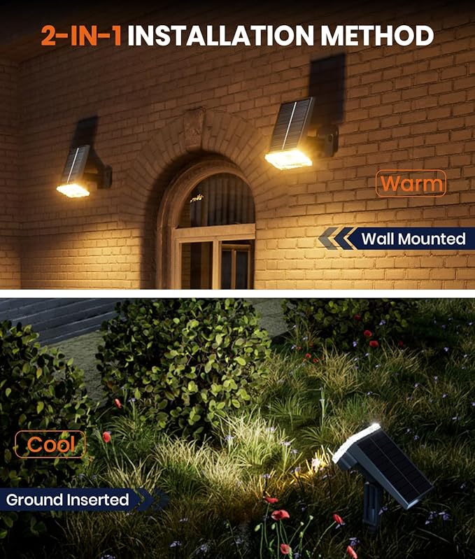 Solar Spotlights Outdoor Waterproof IP67,4 Pack Adjustable Wall&Ground Solar Lights Powered with 3 Colors, 3 Modes, Dusk to Dawn for Pathway/Garden/Yard/Patio/Driveway/Landscape Lighting Outside Decor