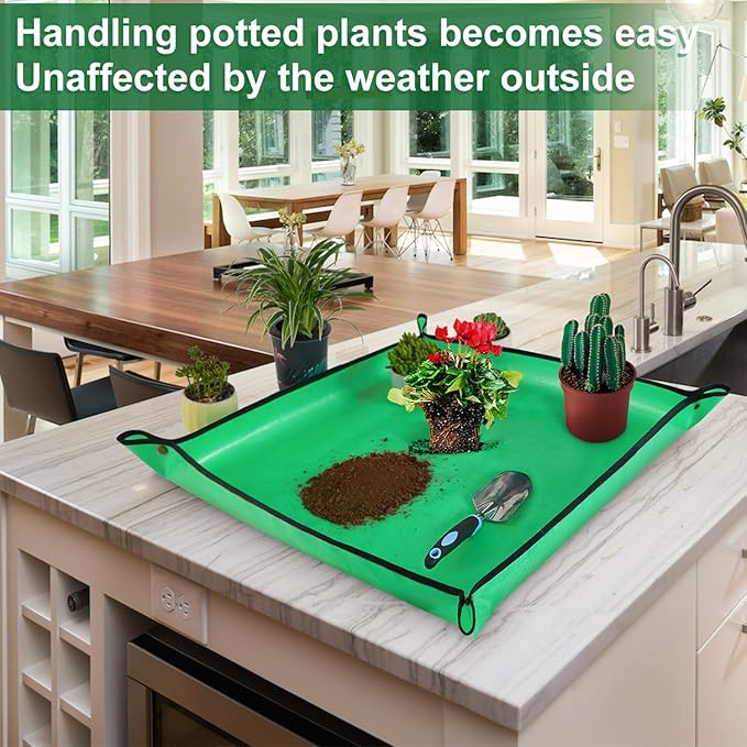 2 PCS 27 "x 27" Repotting Mat for Indoor Plant Transplanting and Mess Control Thickened Waterproof Potting Tray Foldable Succulent Potting Mat Portable Gardening Mat Green