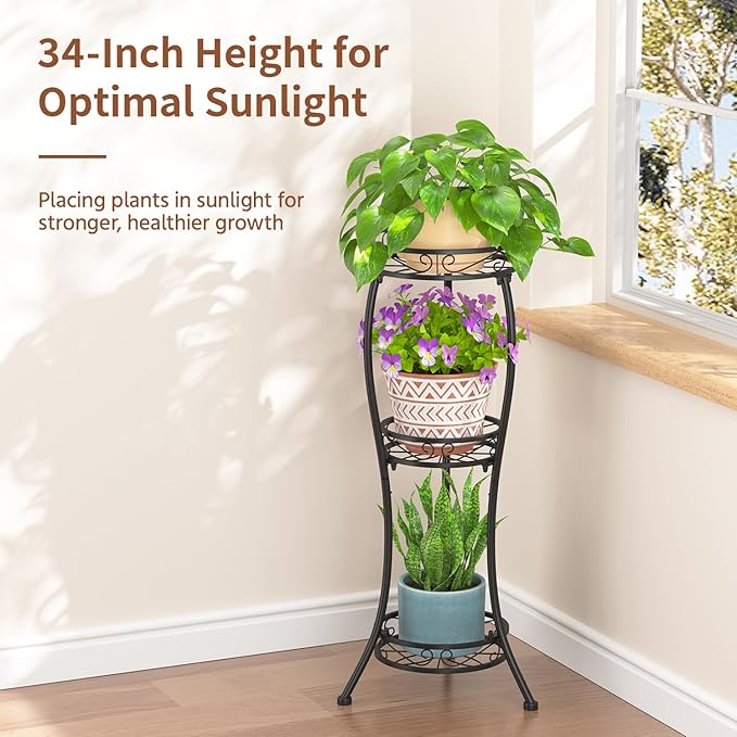 LASZOLA Black 3 Tier Tall Plant Stand for Indoor Outdoor, Large Multiple Level Flower Planter Holder Organizer Rack for Patio Office Bathroom Corner Floor, Sturdy Heavy Duty Metal, Vertical Display