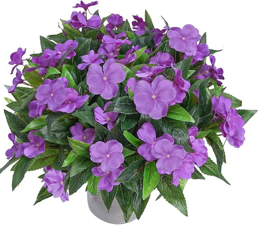 4Pcs Artificial Impatiens Flowers for Outdoors Purple Faux Silk Flowers Outdoor Artificial Impatiens Bush Bouquet Fake Plants for Patio Lawn Garden Hanging Basket Porch Decor