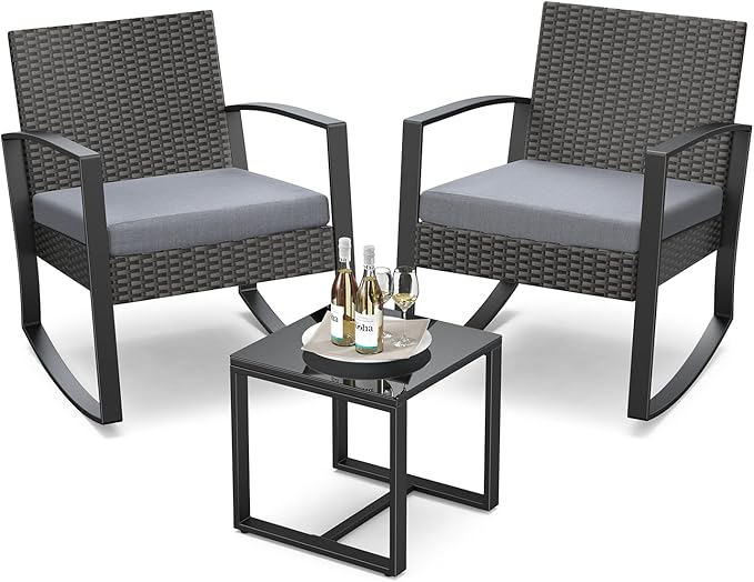 3 Pieces Outdoor Patio Furniture Set Rocking Bistro Set Outdoor Rattan Conversation with Coffee Table for Garden Balcony Backyard Poolside (Grey Cushion)