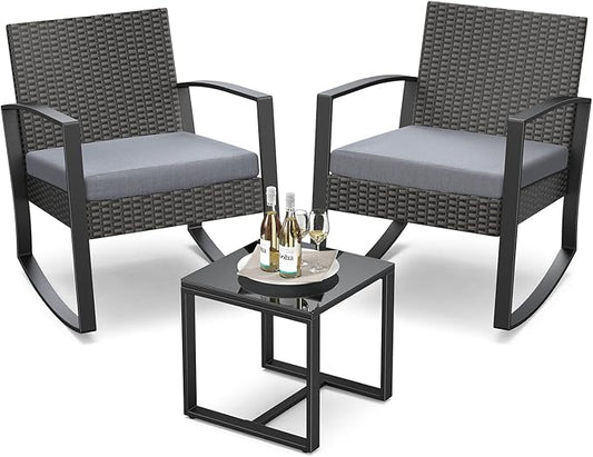 3 Pieces Outdoor Patio Furniture Set Rocking Bistro Set Outdoor Rattan Conversation with Coffee Table for Garden Balcony Backyard Poolside (Grey Cushion)