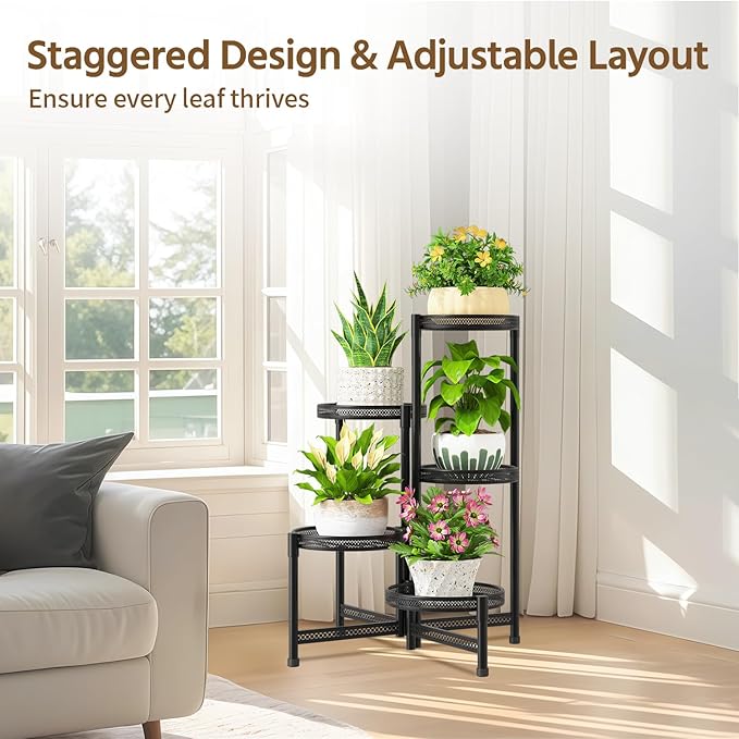 LASZOLA 5 Tiered Folding Tall Plant Stand for Indoor Outdoor Corner, Larger Heavy Duty Metal Adjustable Multiple Rack with 10 Inch Wide Hollow Tray, Flower Planter Holder for Modern House Patio, Black