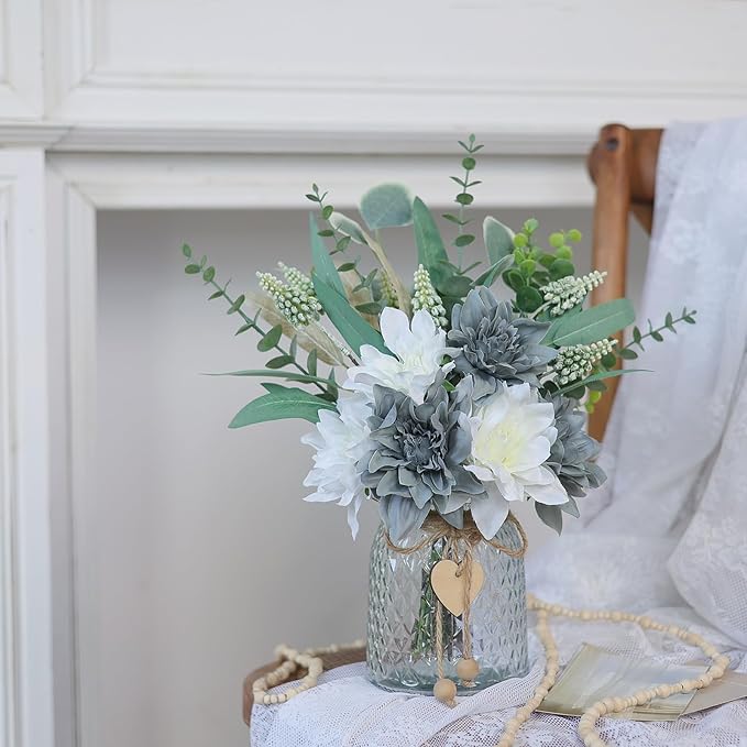 Faux Flowers with Vase,Artificial Silk Flowers in Vase, Fake Plant Eucalyptus and Willow,Flower Arrangement for Home Farmhouse kitchen Dining Table Centerpiece Decorations Table Decor (Grey Blue)