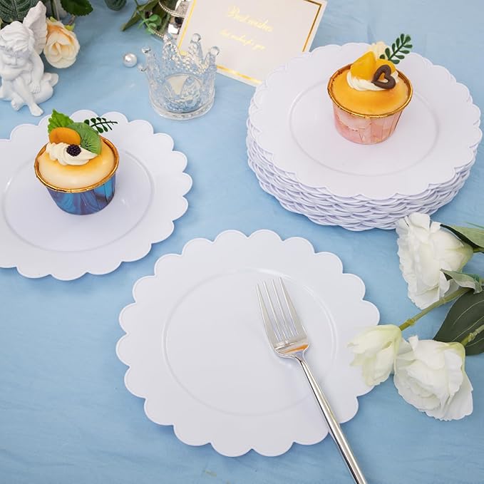 SUT 72Pcs 7.5" White Plastic Plates, Heavy Duty Disposable Plates for Weddings, Parties, Events, Fancy Dessert & Appetizer Plates | Shatterproof Bulk Party Supplies (72 Count)