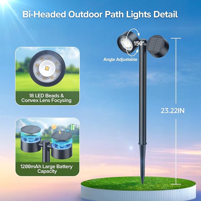 4 Pack Bright Solar Lights Outdoor, Adjustable 8-Head Pathway Light Solar Powerd, 3X Larger Lighting Area & 1200mAh, 18 LED Garden Lighting for Outside Landscape Yard Walkway Lawn Patio