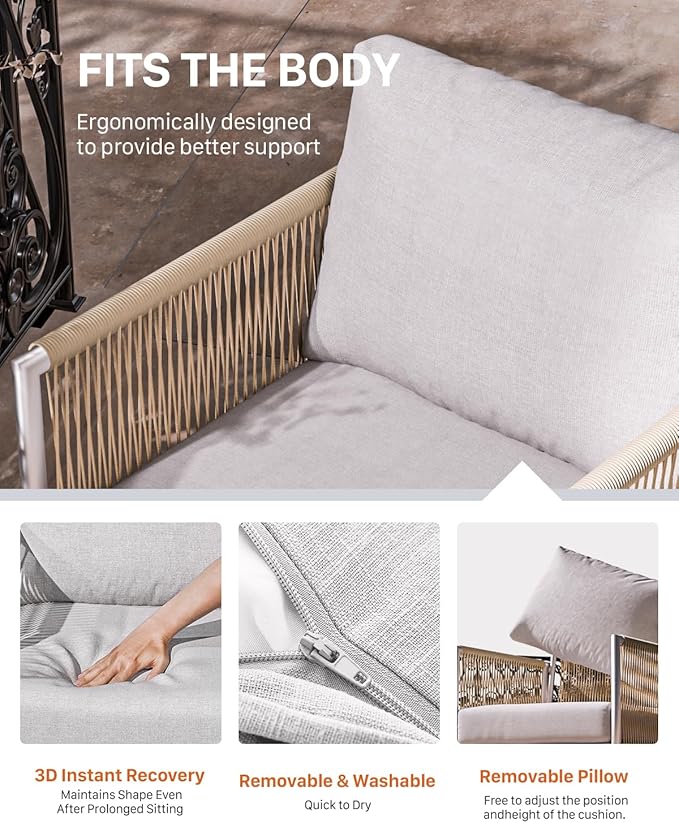 ZANDOR Aluminum Outdoor Patio Furniture 2 Pcs Armchair, All-Weather Metal Modern Outside Furniture with Washable Thick Cushion, HDPE Woven Rope Rattan Bistro Sofa Chair, Garden/Backyard/Porch, Silver