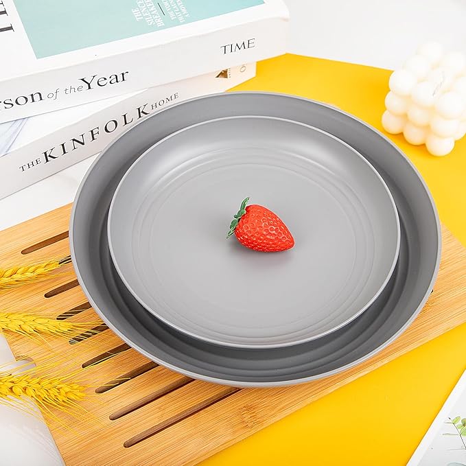 LIYH 48 Pcs Grey Plastic Wheat Straw Dinnerware Set - Plates and Bowls Sets, Camping Dish Set for 12, Unbreakable Dishwasher Safe Wheat Straw Plates Bowls Reusable 12 Guests