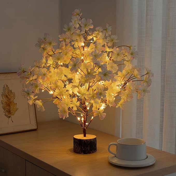 Lighted Cherry Blossom Tree Artificial, 19Inch Faux Bonsai Tree Japanese Decor, Battery Operated Floral Desktop Tree for Indoor Home Spring Summer Easter,Pink