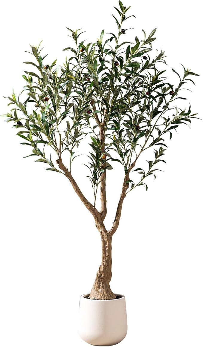 6FT Faux Olive Tree with Tall Exquisite Planter Artificial Olive Tree Tall, Potted Fake Olive Plant with 1260 Real Touch Leaves, Indoor Outdoor Home Garden Office Decor