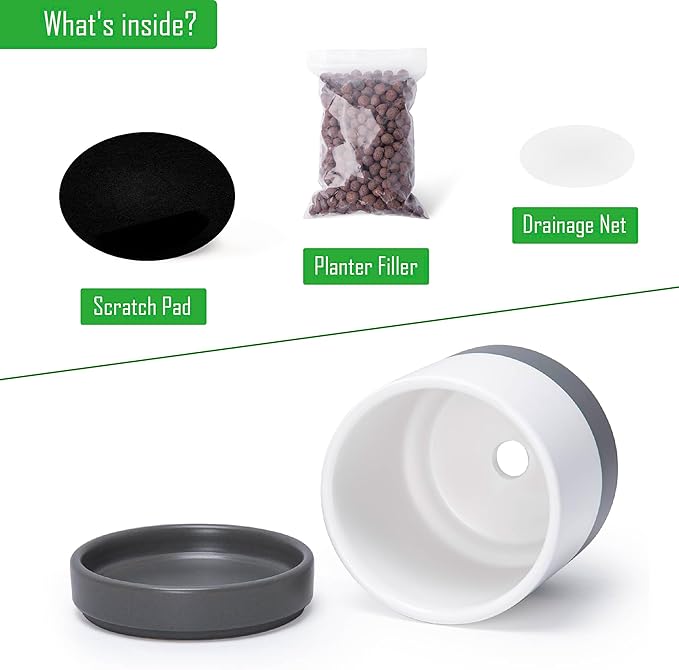 D'vine Dev Set of 2 Plants Pots, 4.7 Inch Ceramic Planter Pot for Plants with Drainage Hole and Saucer, White/Speckled Grey, 94-V-B-6