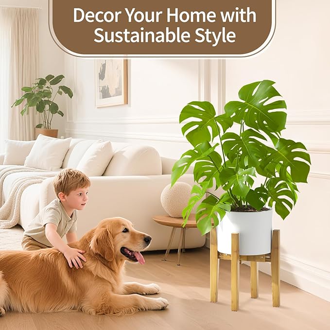 LASZOLA Bamboo Adjustable Plant Stand for Single Large Indoor Planters, Heavy Duty Floor Fern Holder Fits 8 to 12 Inch Pots, Mid Century Elevated Big Stool for Flower– Pot Not Included, Walnut, 1 Pack