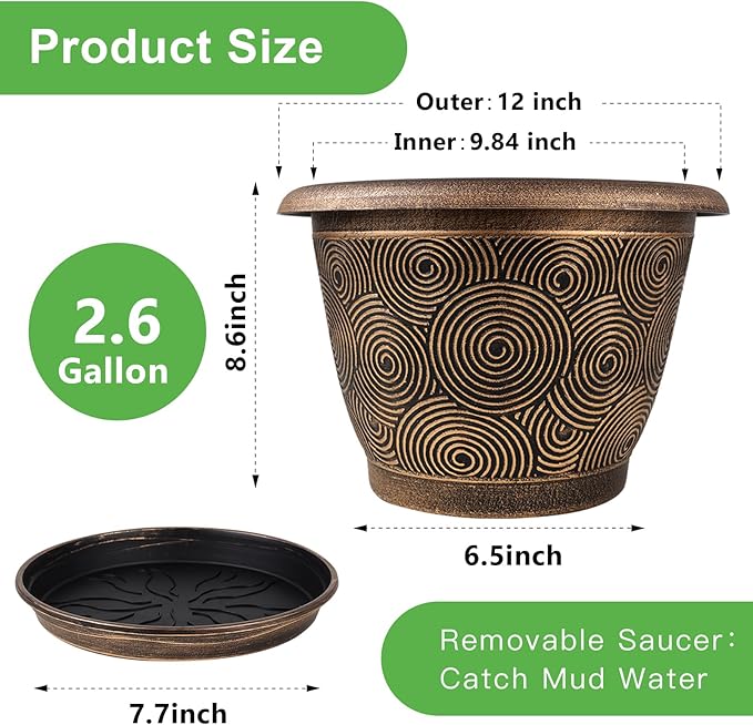 12 Inch Large Planter Pot for Plants Indoor Outdoor, 4 Pack Plastic Flower Pots with Drainage Hole & Tray, Modern Decorative Garden Pot with Saucer, Plant Container for House