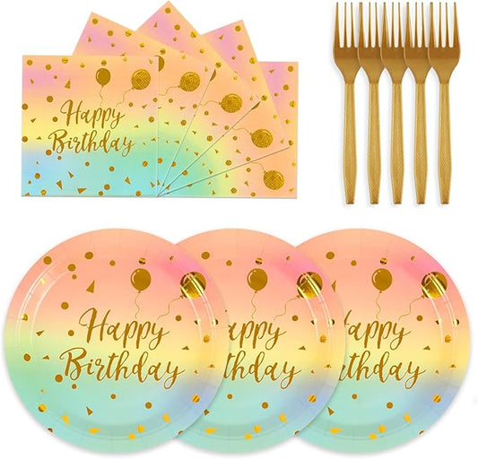 75PCS Happy Birthday Paper Plates - 7 Inch Colorful Gold Dot Paper Plates and 6.5 Inch Napkins with 6.3 Inch Gold Forks Disposable Tableware Set for Birthday Party Decorations, Serves 25
