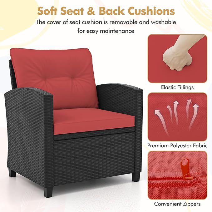 HAPPYGRILL 3 Pieces Wicker Patio Conversation Set, PE Rattan Bistro Sofa Set with Tempered Glass Coffee Table, Washable Cushions, Outdoor Furniture Set for Garden Poolside Balcony (Red)