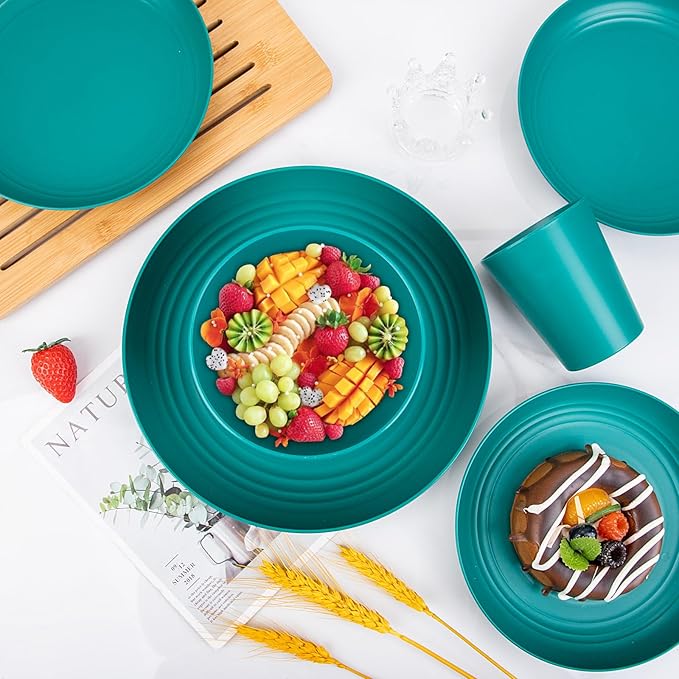 LIYH 48 Pcs Green Wheat Straw Plates and Bowls set - Plastic Dinnerware Set - Dishwasher Safe Camping Plates Dishes Set for 12, Unbreakable Wheat Straw Plate Bowls Reusable 12 Guests