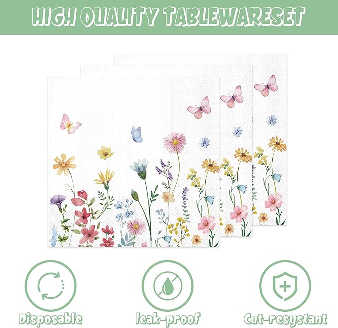 141PCS Wildflower Party Decorations Spring Floral Baby Shower Birthday Decorations - Include Plates and Napkins Forks Cups Straws Tablecloch for Wildflower Baby Shower Decorations Serves 20 Guests