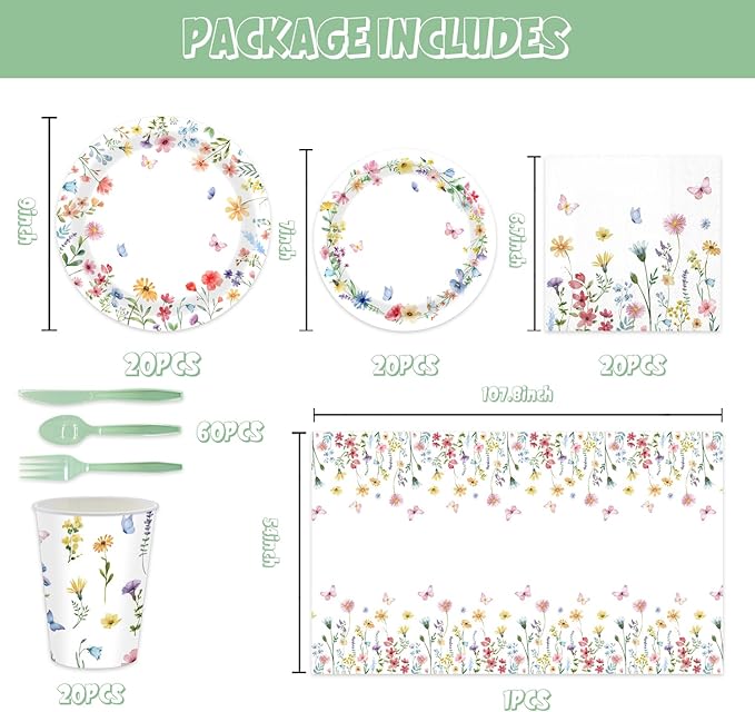 141PCS Wildflower Party Decorations Spring Floral Baby Shower Birthday Decorations - Include Plates and Napkins Forks Cups Straws Tablecloch for Wildflower Baby Shower Decorations Serves 20 Guests