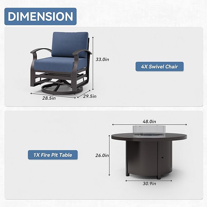 Kurapika 5 Piece Modern Metal Outdoor Conversation Sets, Patio Furniture Set, 4 Aluminum Swivel Chairs w/48in Round Propane Fire Pit Table and Thickened Cushions, Navy Blue