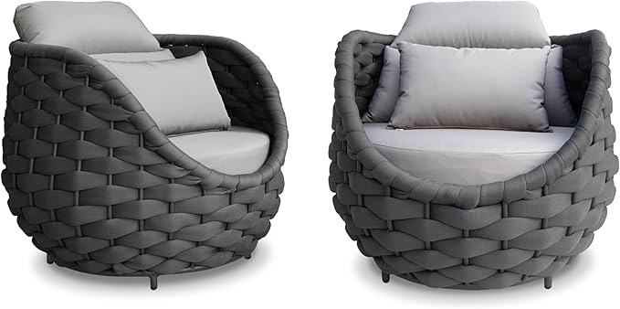 2 Pcs Woven Rope Outdoor Chair: Aluminum Patio Accent Chair with Arms - Assembled Cushioned Lounge Chair For 400lbs - Morden Porch Furniture Seating for Deck Balcony Garden Backyard Hotel Resort