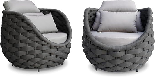2 Pcs Woven Rope Outdoor Chair: Aluminum Patio Accent Chair with Arms - Assembled Cushioned Lounge Chair For 400lbs - Morden Porch Furniture Seating for Deck Balcony Garden Backyard Hotel Resort