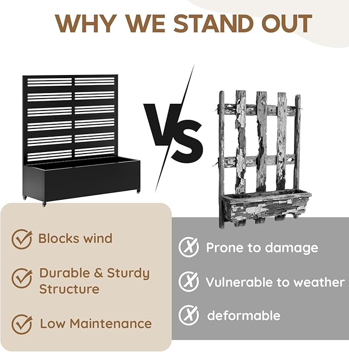 Metal Raised Garden Bed with Trellis & Wheels,47" x 47"x 15.7" Planter Box with Trellis,Privacy Planters for Patio,Garden Bed for Climbing Plants,Suitable for Climbing Plants and Vegetables,Black