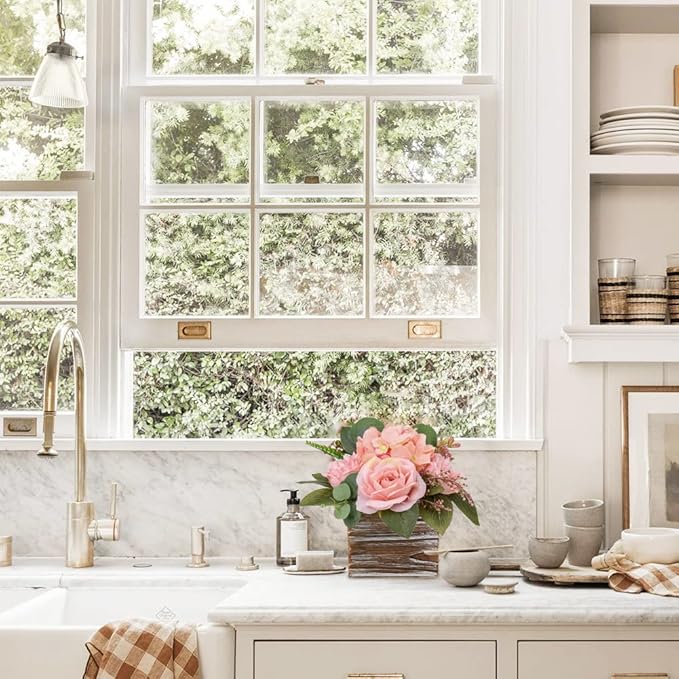 DILATATA Flower Arrangement with Wooden Vase 8" Artificial Flowers in Pot - Fake Flowers Roses Peonies Hydrangeas in Wooden Vase Potted Flower Centerpieces for Table Decor Living Room - Dusty Pink