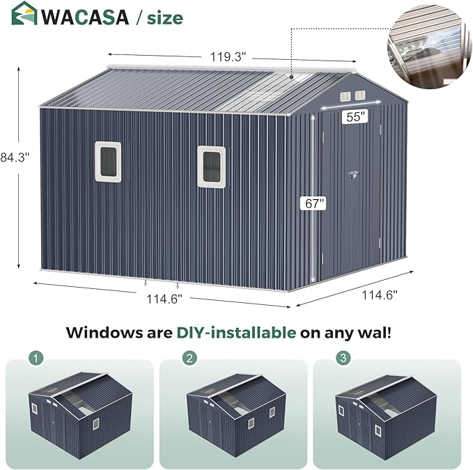 Metal Shed 10x10 Sheds Outdoor Storage, Natural Lighting Tool Sheds with Translucent Roof Panels, Windows, and Lockable Doors, Ideal for Garden, Backyard, and Patio
