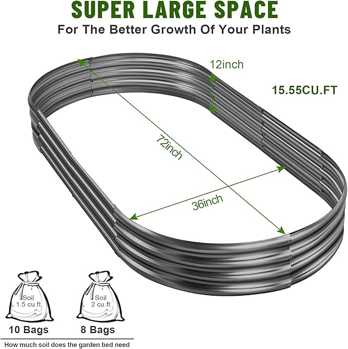 Land Guard 6×3×1 ft Galvanized Raised Garden Bed Kit， Raised Garden Boxes Outdoor, Oval Metal Raised Garden Beds for Vegetables, Flowers, Herbs（Grey）……
