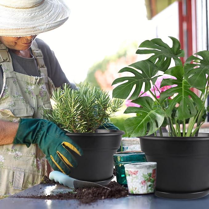 8-inch-Plant-Pots-Indoor-Outdoor, 4 Pack Plastic Planters with Drainage Holes & Saucers, Resin Flower Pots with Trays, Classic Garden Pot Container for House