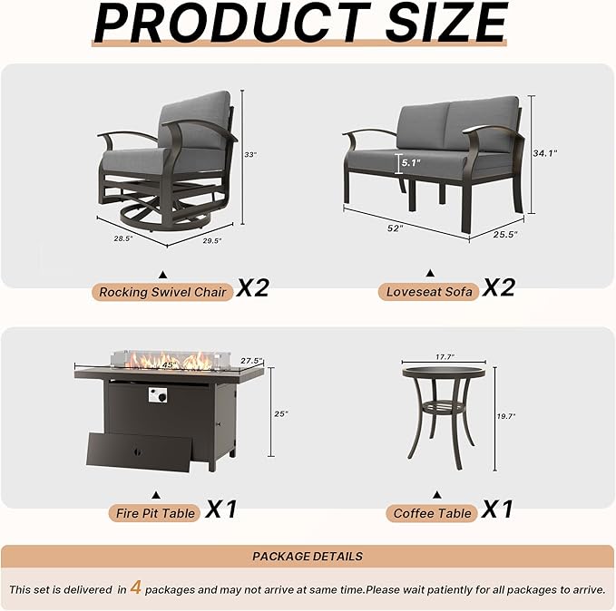 Kurapika Aluminum Patio Furniture Set 6-Seat Modern Metal Outdoor Conversation Sets w/45in Propane Fire Pit Table, Loveseat Sofa,Swivel Rocking Chairs w/5.1 Inch Cushion, Grey