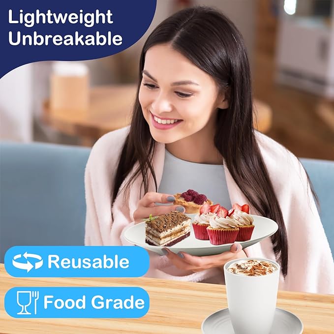 40 PCS Wheat Straw Dinnerware Sets, Service for 8 - Dinner Plates, Cereal Bowls, Drinking Glasses, Unbreakable Plastic Plates and Bowls Sets, Dishwasher and Microwave Safe for Kitchen - White