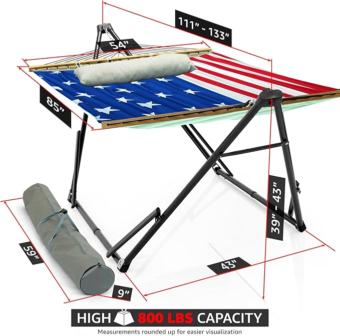 Tranquillo Unity Adjustable Hammock Stand, 800 lbs Capacity Steel Double Hammock Stand for 2 Persons, Premium Pre-Assembled Stand for Indoor Outdoor (American Flag)