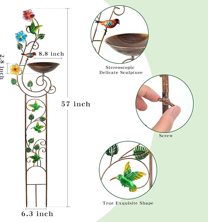 57” Bird Bath with Garden Trellis for Climbing Plants Outdoor, Small Decorative Metal Birdbath Bird Baths (Redbird)