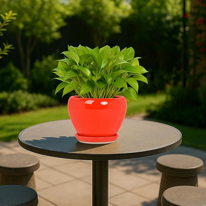 Deep Dream 6 Inch Plant Pots- Ceramic Planter Pot with Drainage Hole and Saucer, Round Flower Pot for Indoor Outdoor Succulent, Snake Plants and Cactus, Red