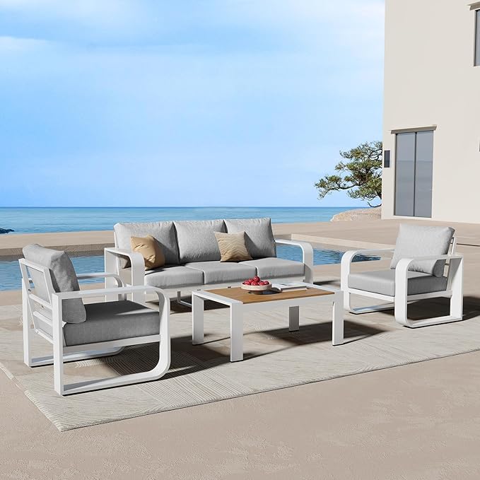 Aluminum Outdoor Patio Furniture Set 4 Piece, Oversized Patio Conversation Sets Widened Armrest & Ultra-Thick Cushions, Deep Seating Modern Sectional Furniture for Backyard, Porch, White