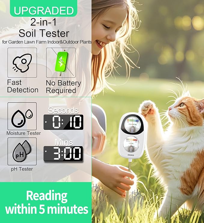 2-in-1 Soil Moisture Meter, Soil PH Meter, Large Dual-Screen Soil PH Tester & Moisture Meter for Plants Indoor&Outdoor Garden,Lawn,Farm Soil Test Kit-No Battery Needed-Ivory White