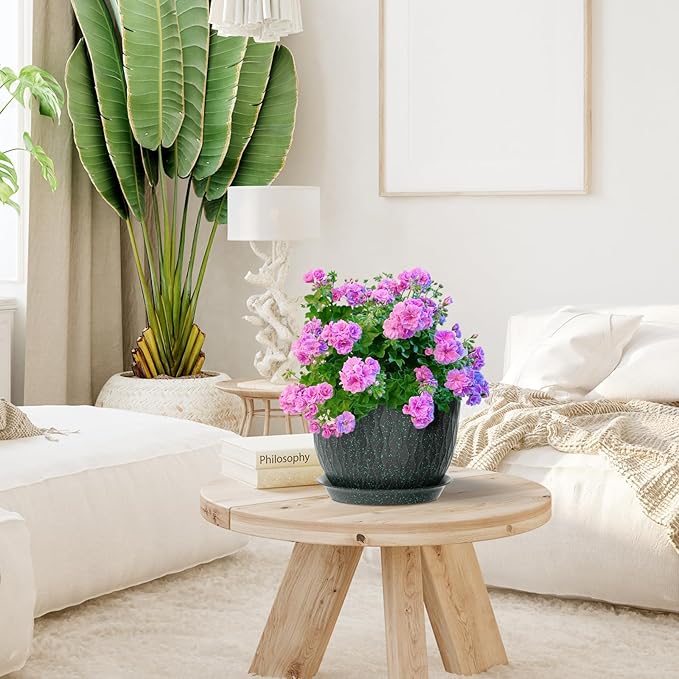 12/10/9 inch Large Plant Pots, 3 Pack Wide Flower Pots for Outdoor Indoor Plants, Water Ripples Plastic Planters with Drainage Holes and Saucers for Garden Hourse, Black with Green Speckles