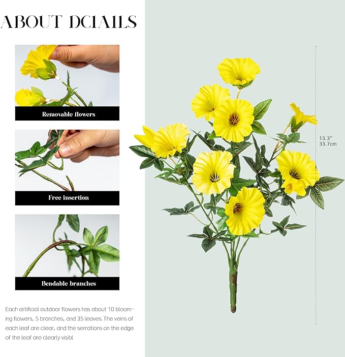 UV Resistant Artificial Petunias 4PCS Fake Flowers 13.3In Artificial Flowers for Outdoors Silk Flowers Fake Hanging Basket Plants Suitable for Outdoor Porch Decoration Patio Decor (Yellow)