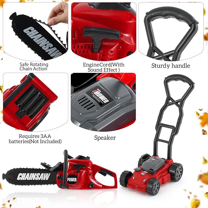 2 Pcs Toy Gardening Tool Set for Kids Toy Chainsaw, Push Lawn Mower Battery Powered Gardening Tool Set with Lights and Sounds Gift for Boys Girls