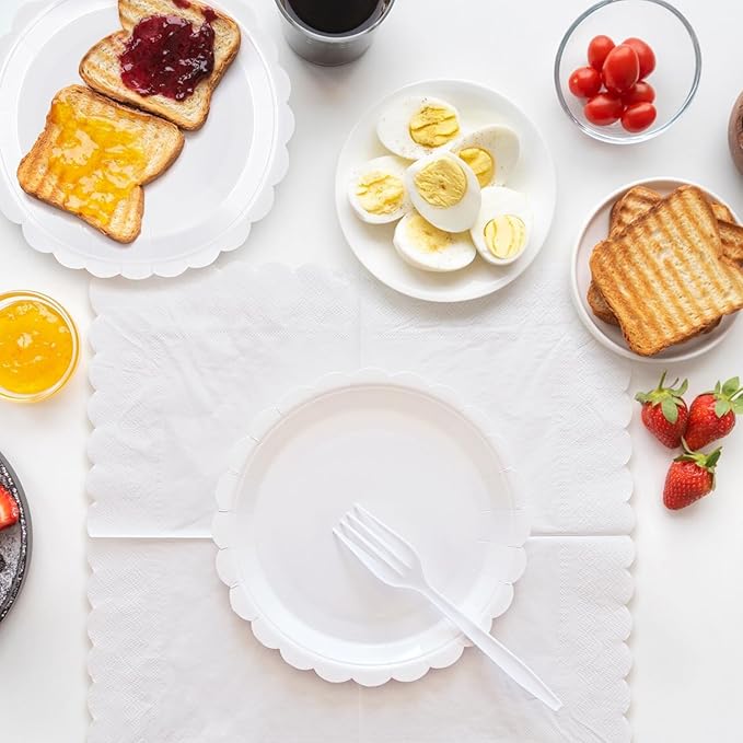 White Paper Plates and Napkins,7 Inch White Scalloped Disposable Dessert Plates Paper Napkin Fork Party Supplies for Wedding Baby Shower Birthday(25 Guest)