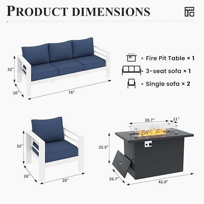 Patio Furniture Set with Fire Pit Table, Aluminum Patio Furniture Set,Blue Outdoor Metal Sectional Sofa with Aluminum Fire Pit Table for Garden Backyard (Include Waterproof Cover)