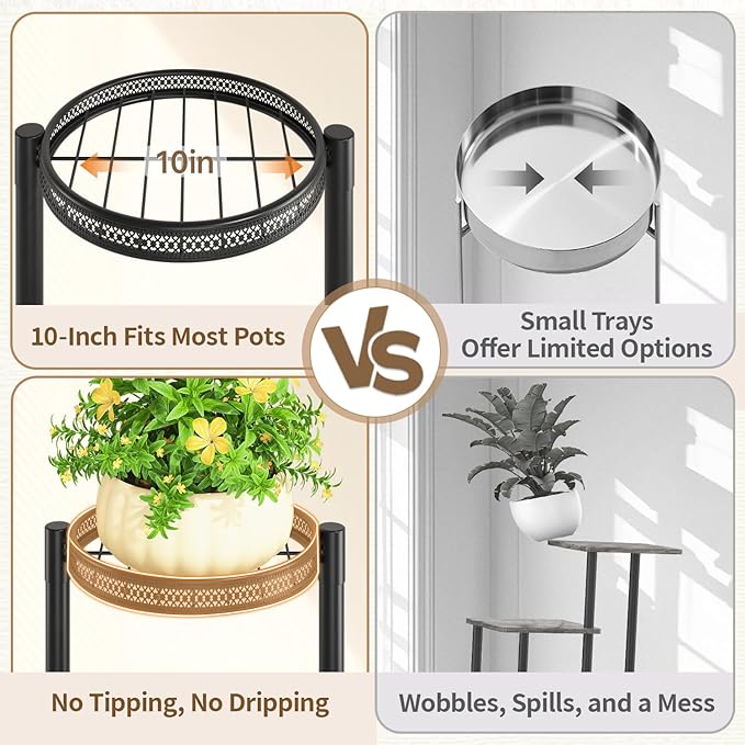 LASZOLA 6 Tiered Folding Tall Plant Stand for Indoor Outdoor Corner, Larger Heavy Duty Metal Adjustable Multiple Rack with 10 Inch Wide Hollow Tray, Flower Planter Holder for Modern House Patio, Black