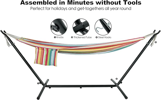 Double Hammock with Stand for Outside, Upgraded Spreader Bar, Heavy Duty Space Saving Steel Stand 2 Person, Side Pockets, Easy Assembly, 600lbs Weight Capacity, Indoor & Outdoor (Salsa Orange)
