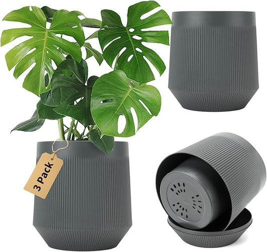 Plant Pots，Set of 3 Plastic Pots for Indoor Plants,Flower Pots Outdoor Planters with Drainage Hole and Seamless Saucer,Gray