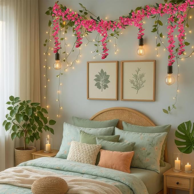 2Pcs Bougainvillea Artificial Hanging Flowers Plants for Outdoors Fake Silk Bougainvillea Vines Rose Red Artificial Flowers Garland UV Resistant Faux Flowers for Planter Porch Arch Table Decor