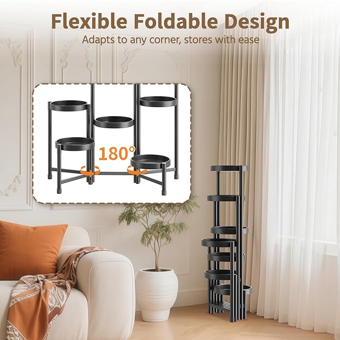 LASZOLA 7 Tiered Folding Plant Stand Indoor for Multiple Large Planter, Tall Heavy Duty Adjustable Rack with Rust Proof 10 Inch Wide Tray, Sturdy Vertical Tree Organizer for Narrow Inside Floor, Black